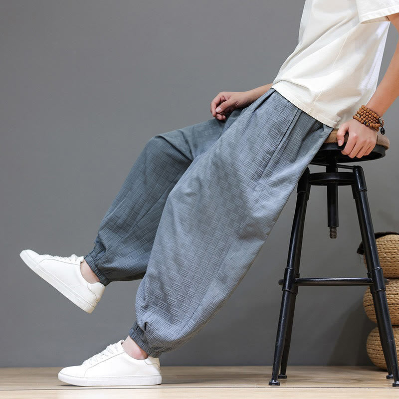 Buddha Stones Pantalones tobilleros casuales de verano con cordón ajustable, estampado de ratán tejido liso, estilo harem para hombre con bolsillo. - Gris pizarra claro - US/UK/AU46, EU56 (5XL) - image 0
