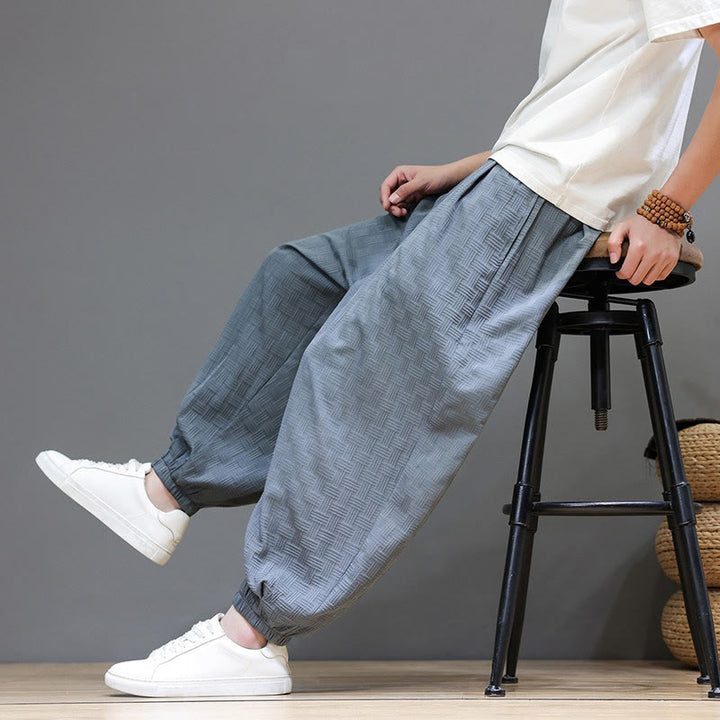 Buddha Stones Pantalones tobilleros casuales de verano con cordón ajustable, estampado de ratán tejido liso, estilo harem para hombre con bolsillo. - Gris pizarra claro - US/UK/AU46, EU56 (5XL) - image 0