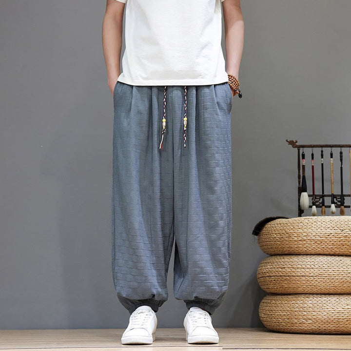 Buddha Stones Pantalones tobilleros casuales de verano con cordón ajustable, estampado de ratán tejido liso, estilo harem para hombre con bolsillo. - image 7
