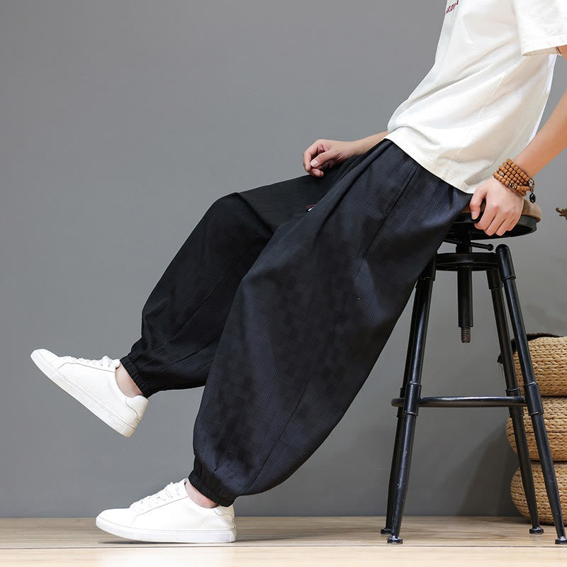 Buddha Stones Pantalones tobilleros casuales de verano con cordón ajustable, estampado de ratán tejido liso, estilo harem para hombre con bolsillo. - image 16