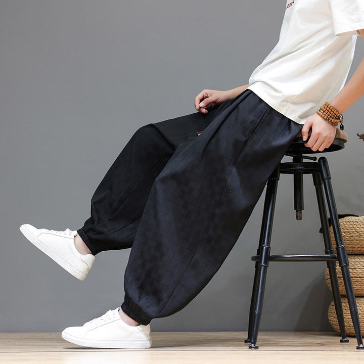 Buddha Stones Pantalones tobilleros casuales de verano con cordón ajustable, estampado de ratán tejido liso, estilo harem para hombre con bolsillo. - image 16
