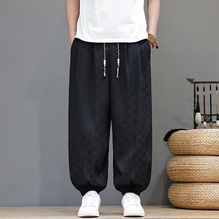 Buddha Stones Pantalones tobilleros casuales de verano con cordón ajustable, estampado de ratán tejido liso, estilo harem para hombre con bolsillo. - Negro - US/UK/AU46, EU56 (5XL) - image 9