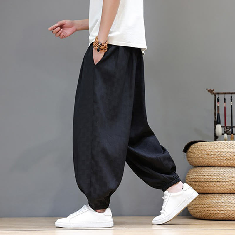 Buddha Stones Pantalones tobilleros casuales de verano con cordón ajustable, estampado de ratán tejido liso, estilo harem para hombre con bolsillo. - image 10