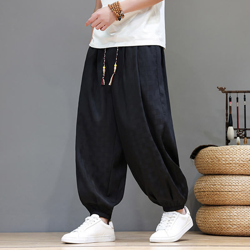 Buddha Stones Pantalones tobilleros casuales de verano con cordón ajustable, estampado de ratán tejido liso, estilo harem para hombre con bolsillo. - image 15