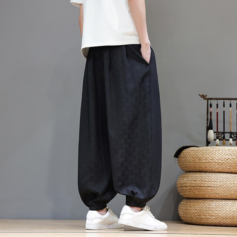 Buddha Stones Pantalones tobilleros casuales de verano con cordón ajustable, estampado de ratán tejido liso, estilo harem para hombre con bolsillo. - image 13