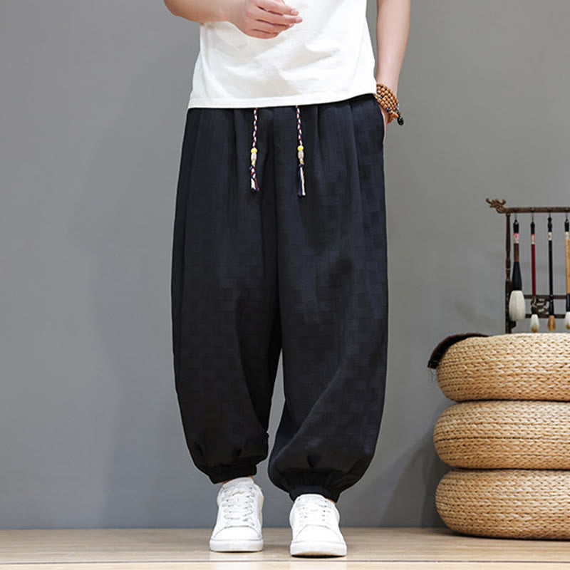 Buddha Stones Pantalones tobilleros casuales de verano con cordón ajustable, estampado de ratán tejido liso, estilo harem para hombre con bolsillo. - image 12