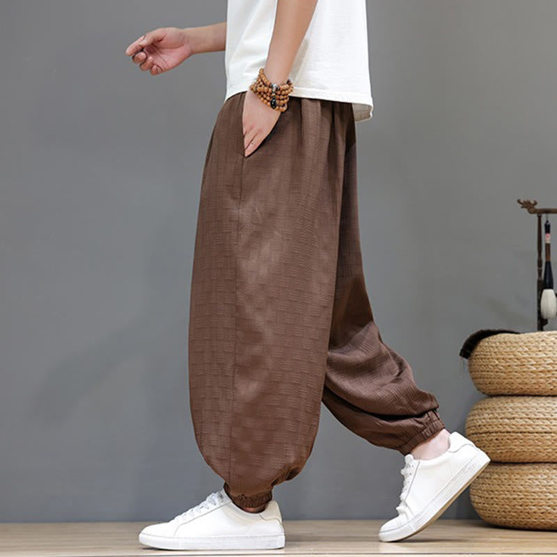 Buddha Stones Pantalones tobilleros casuales de verano con cordón ajustable, estampado de ratán tejido liso, estilo harem para hombre con bolsillo. - image 20