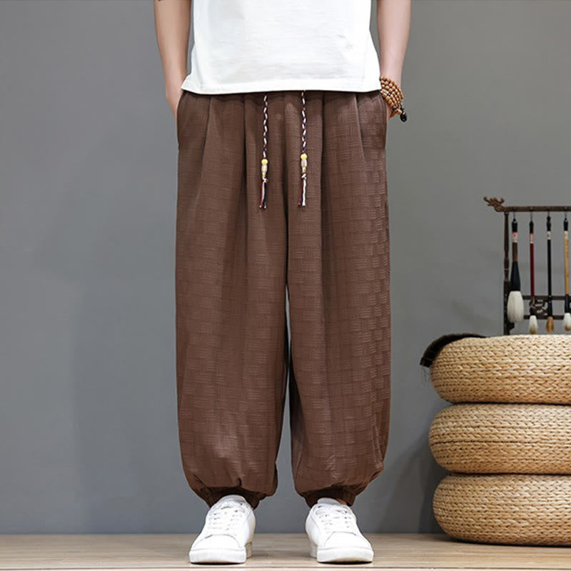 Buddha Stones Pantalones tobilleros casuales de verano con cordón ajustable, estampado de ratán tejido liso, estilo harem para hombre con bolsillo. - Tierra de siena - US/UK/AU46, EU56 (5XL) - image 17