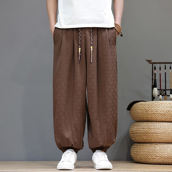 Buddha Stones Pantalones tobilleros casuales de verano con cordón ajustable, estampado de ratán tejido liso, estilo harem para hombre con bolsillo. - Tierra de siena - US/UK/AU46, EU56 (5XL) - image 17