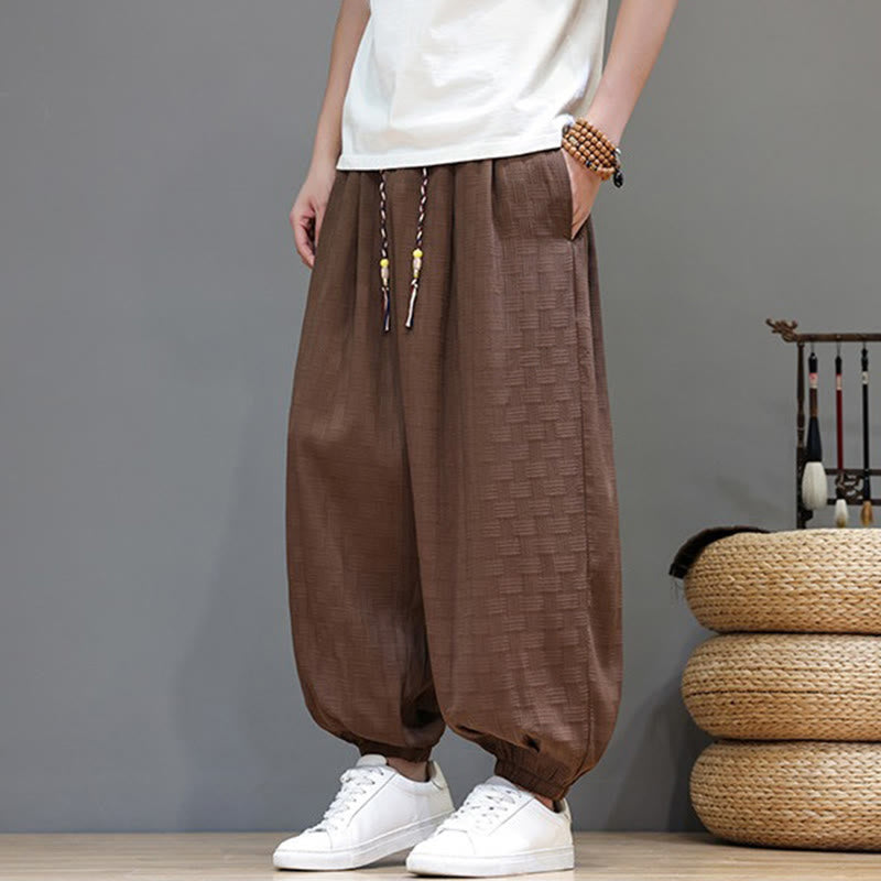 Buddha Stones Pantalones tobilleros casuales de verano con cordón ajustable, estampado de ratán tejido liso, estilo harem para hombre con bolsillo. - image 18