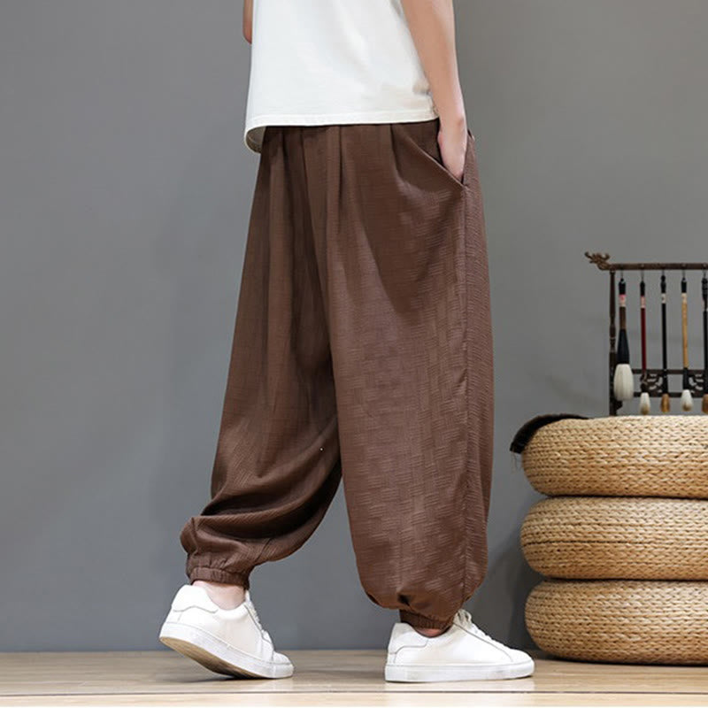 Buddha Stones Pantalones tobilleros casuales de verano con cordón ajustable, estampado de ratán tejido liso, estilo harem para hombre con bolsillo. - image 19
