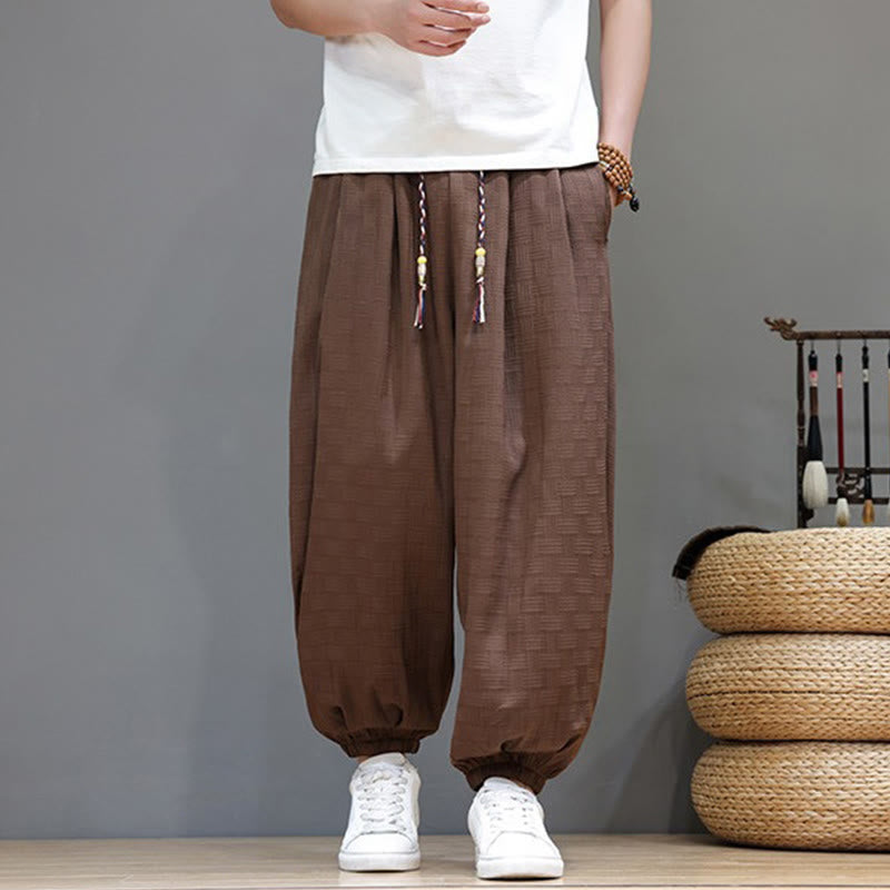 Buddha Stones Pantalones tobilleros casuales de verano con cordón ajustable, estampado de ratán tejido liso, estilo harem para hombre con bolsillo. - image 23