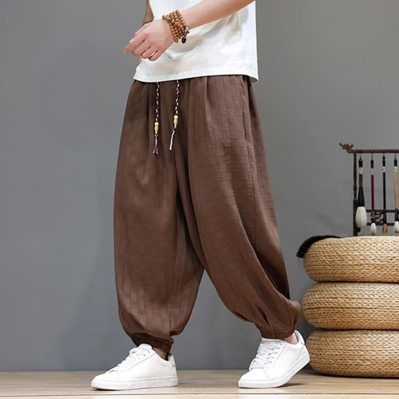 Buddha Stones Pantalones tobilleros casuales de verano con cordón ajustable, estampado de ratán tejido liso, estilo harem para hombre con bolsillo. - image 22