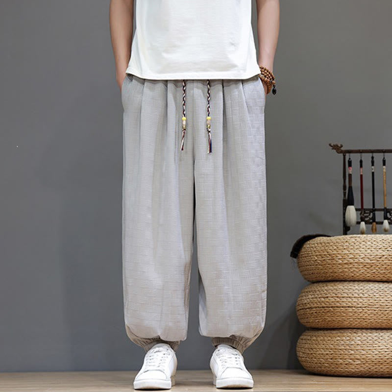 Buddha Stones Pantalones tobilleros casuales de verano con cordón ajustable, estampado de ratán tejido liso, estilo harem para hombre con bolsillo. - Gainsboro - US/UK/AU46, EU56 (5XL) - image 25