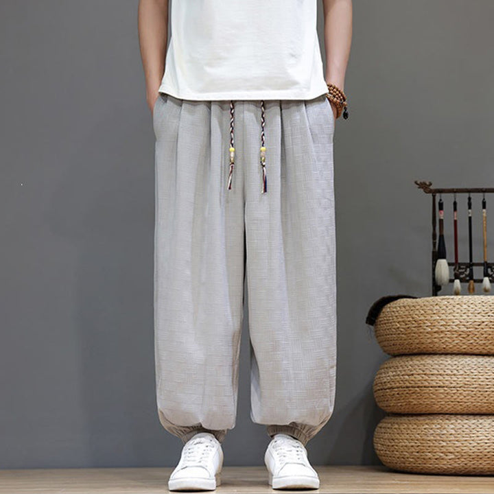 Buddha Stones Pantalones tobilleros casuales de verano con cordón ajustable, estampado de ratán tejido liso, estilo harem para hombre con bolsillo. - Gainsboro - US/UK/AU46, EU56 (5XL) - image 25