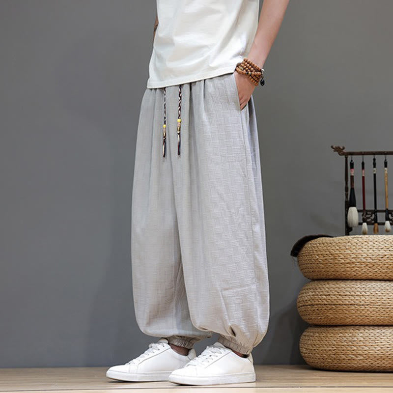 Buddha Stones Pantalones tobilleros casuales de verano con cordón ajustable, estampado de ratán tejido liso, estilo harem para hombre con bolsillo. - image 26