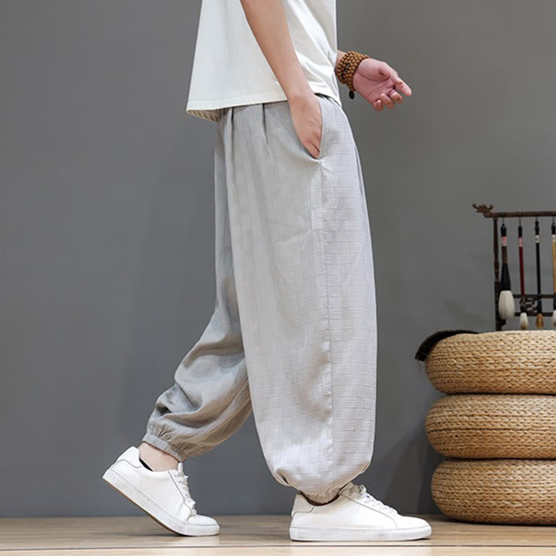 Buddha Stones Pantalones tobilleros casuales de verano con cordón ajustable, estampado de ratán tejido liso, estilo harem para hombre con bolsillo. - image 30