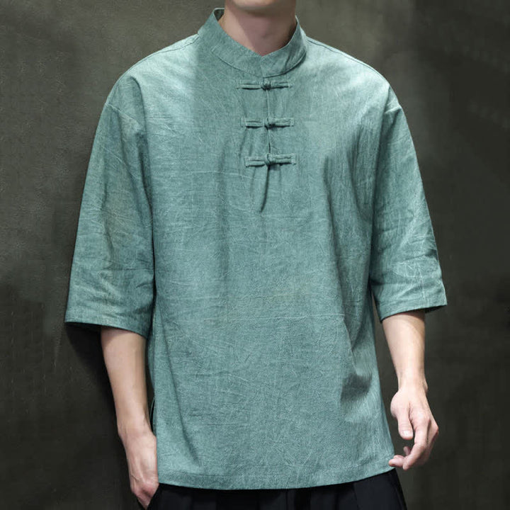 Buddha Stones Camisas de manga corta para hombre de estilo Summer Tang con tres botones de rana. - Azul cadete - US/UK/AU46, EU56 (5XL) - image 0