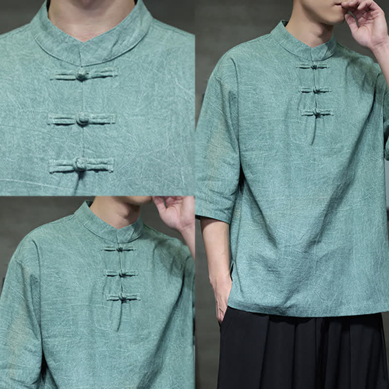 Buddha Stones Camisas de manga corta para hombre de estilo Summer Tang con tres botones de rana. - image 12