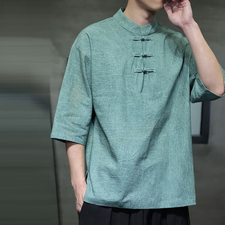 Buddha Stones Camisas de manga corta para hombre de estilo Summer Tang con tres botones de rana. - image 7