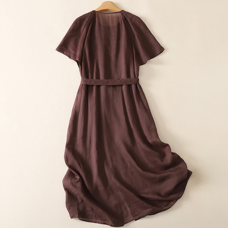 Buddha Stones Vestido midi de manga corta para mujer, de estilo vintage veraniego, con botones y bolsillos. - image 1