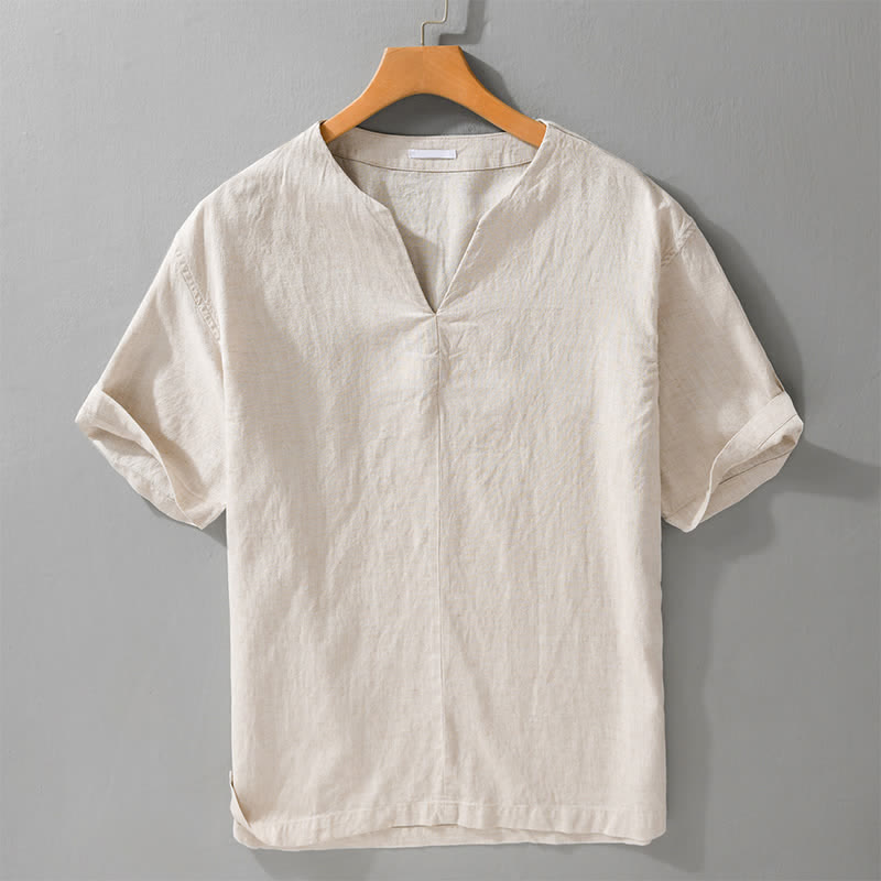 Buddha Stones Camisetas de manga corta para hombre, estilo minimalista de verano, con cuello en V y color liso. - Lino - US/UK/AU46, EU56 (5XL) - image 0
