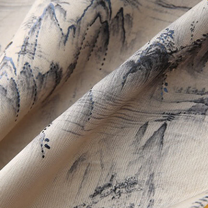 Buddha Stones Conjunto de 2 piezas: Camisa de manga corta estilo Tang informal con estampado de paisaje de montañas y pantalones rectos, ropa de meditación para hombre con bolsillos. - image 8