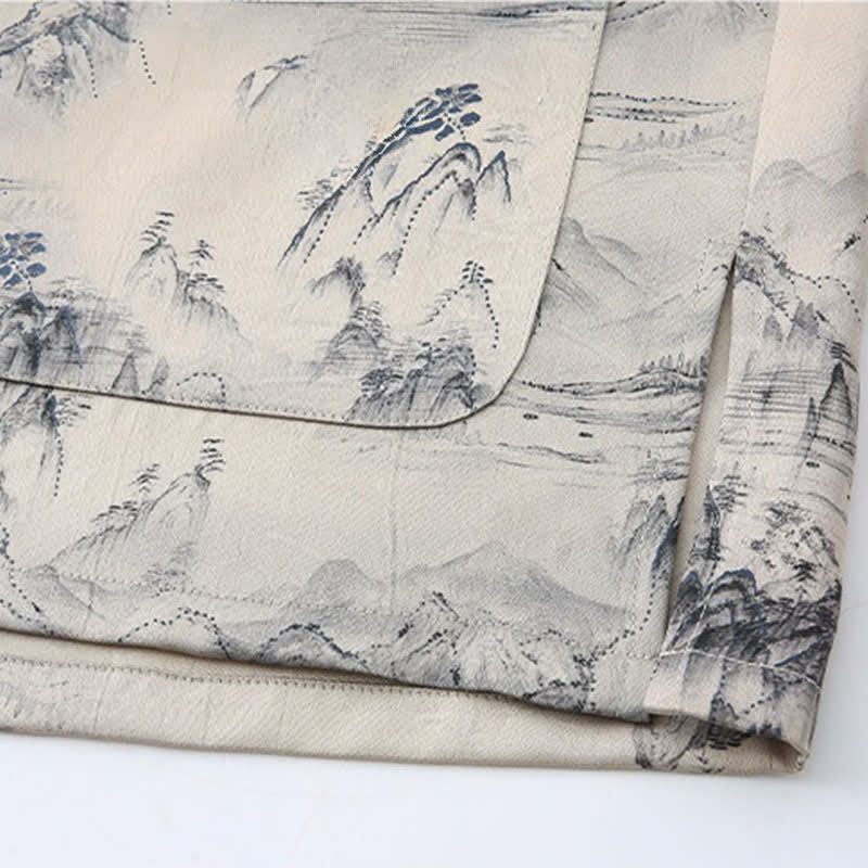 Buddha Stones Conjunto de 2 piezas: Camisa de manga corta estilo Tang informal con estampado de paisaje de montañas y pantalones rectos, ropa de meditación para hombre con bolsillos. - image 5