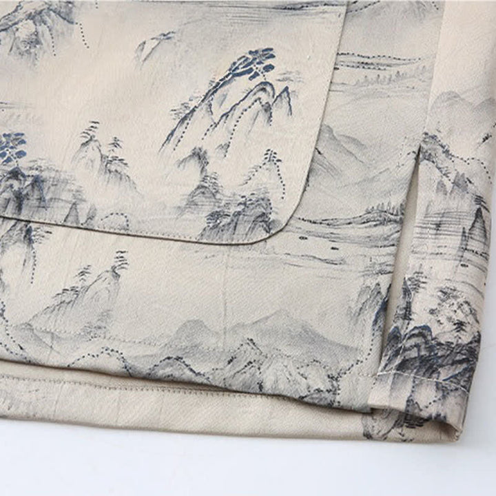 Buddha Stones Conjunto de 2 piezas: Camisa de manga corta estilo Tang informal con estampado de paisaje de montañas y pantalones rectos, ropa de meditación para hombre con bolsillos. - image 5