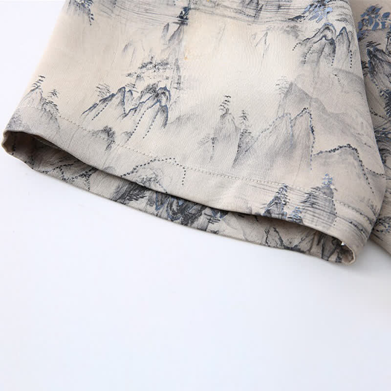 Buddha Stones Conjunto de 2 piezas: Camisa de manga corta estilo Tang informal con estampado de paisaje de montañas y pantalones rectos, ropa de meditación para hombre con bolsillos. - image 6