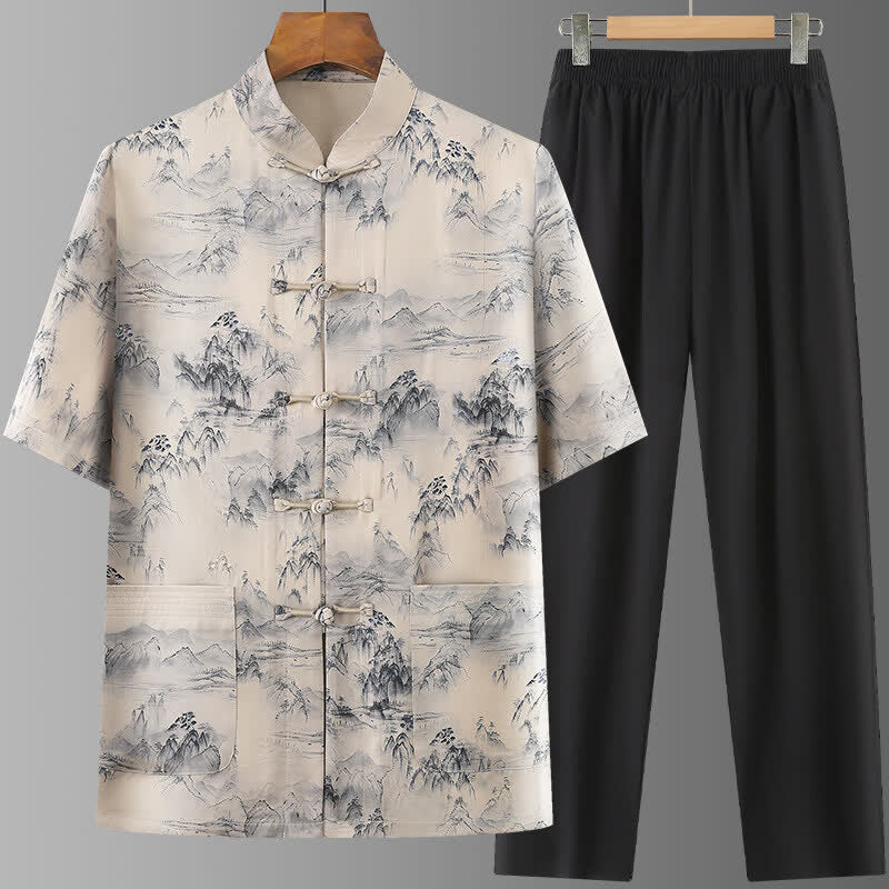 Buddha Stones Conjunto de 2 piezas: Camisa de manga corta estilo Tang informal con estampado de paisaje de montañas y pantalones rectos, ropa de meditación para hombre con bolsillos. - Beige - US/UK/AU42, EU52 (3XL) - image 0