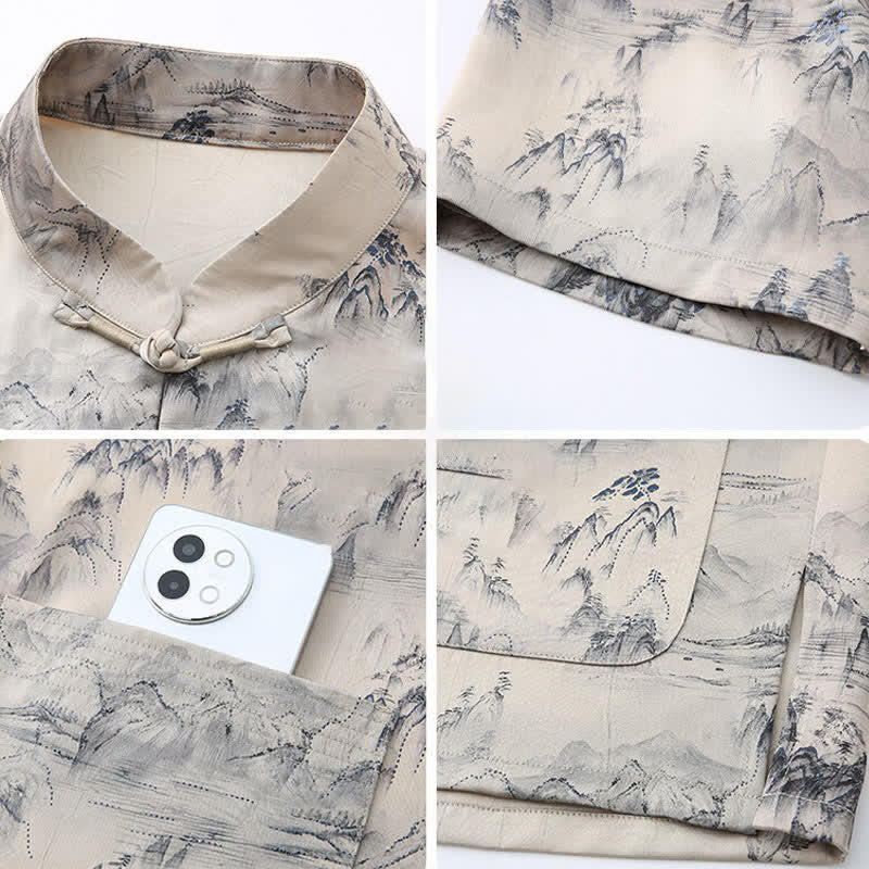 Buddha Stones Conjunto de 2 piezas: Camisa de manga corta estilo Tang informal con estampado de paisaje de montañas y pantalones rectos, ropa de meditación para hombre con bolsillos. - image 2