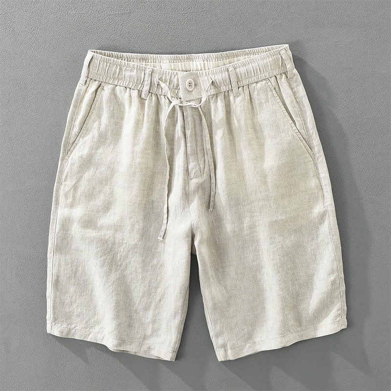 Buddha Stones Pantalones cortos de lino liso para hombre, estilo casual de verano, con diseño minimalista, cordón ajustable y cremallera, con bolsillos. - Lino - US/UK/AU46, UE 56 (3XL) - image 0
