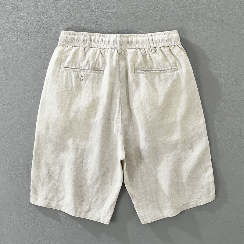 Buddha Stones Pantalones cortos de lino liso para hombre, estilo casual de verano, con diseño minimalista, cordón ajustable y cremallera, con bolsillos. - image 1