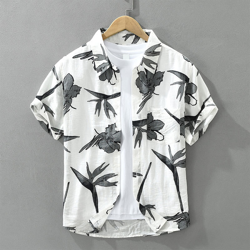 Buddha Stones Camisas de hombre informales de verano con botones y estampado floral, con bolsillo de parche. - Blanco - US/UK/AU42, EU52 (3XL) - image 0