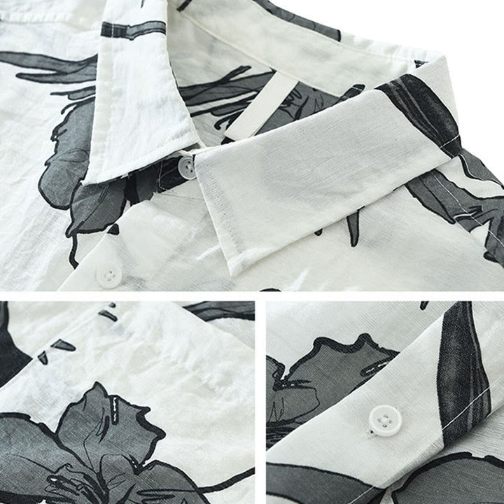 Buddha Stones Camisas de hombre informales de verano con botones y estampado floral, con bolsillo de parche. - image 3
