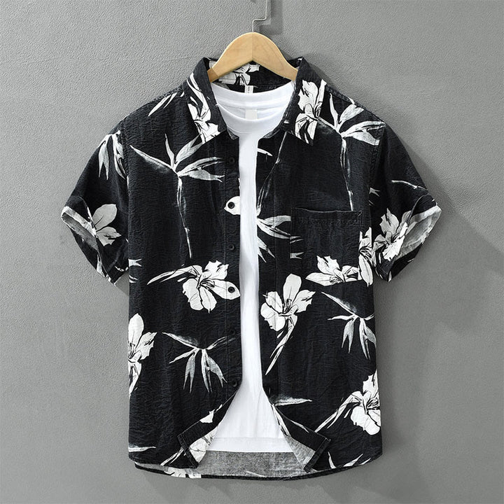 Buddha Stones Camisas de hombre informales de verano con botones y estampado floral, con bolsillo de parche. - Negro - US/UK/AU42, EU52 (3XL) - image 12