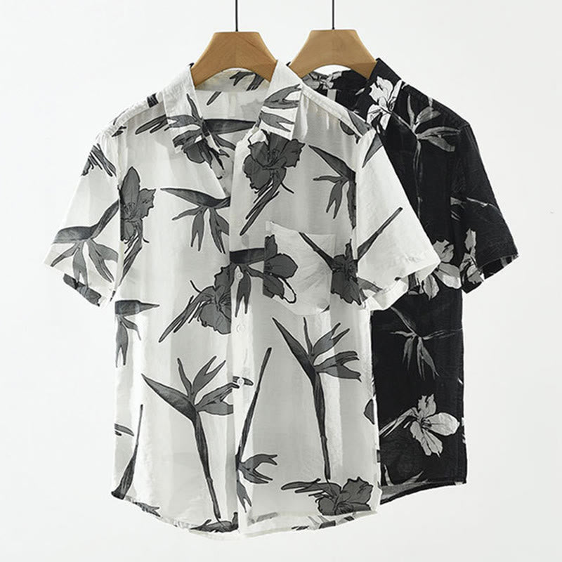 Buddha Stones Camisas de hombre informales de verano con botones y estampado floral, con bolsillo de parche. - image 13