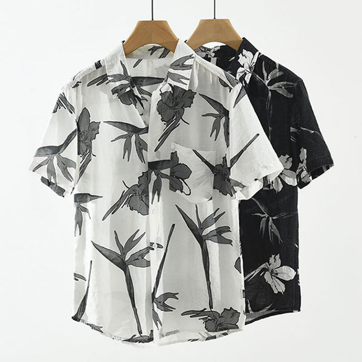 Buddha Stones Camisas de hombre informales de verano con botones y estampado floral, con bolsillo de parche. - image 13
