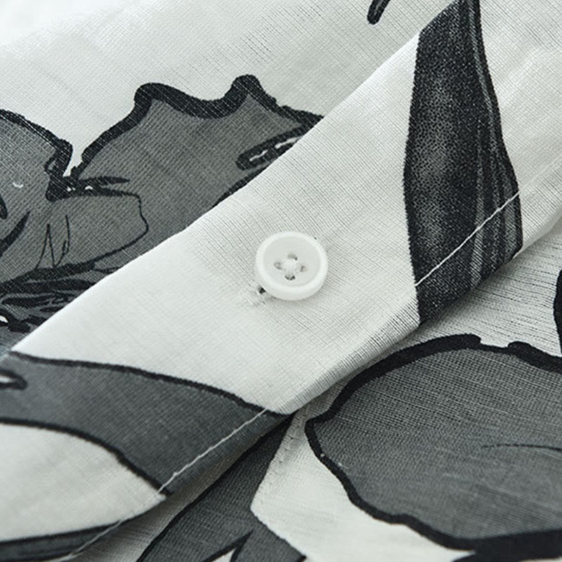 Buddha Stones Camisas de hombre informales de verano con botones y estampado floral, con bolsillo de parche. - image 7