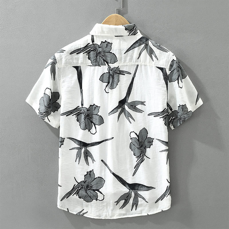 Buddha Stones Camisas de hombre informales de verano con botones y estampado floral, con bolsillo de parche. - image 1