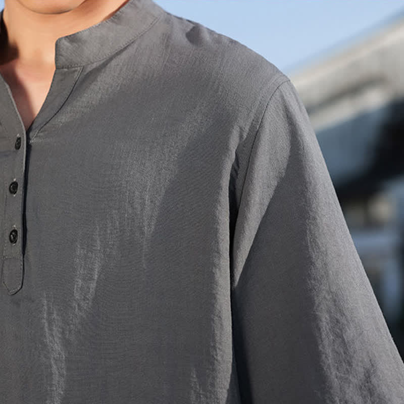 Buddha Stones Camisas de manga tres botones con cuello mandarín para hombre, ideales para el verano. - image 25