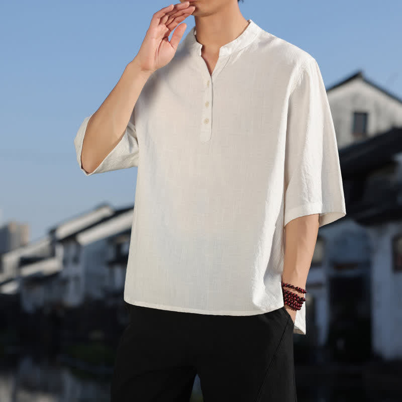 Buddha Stones Camisas de manga tres botones con cuello mandarín para hombre, ideales para el verano. - image 2
