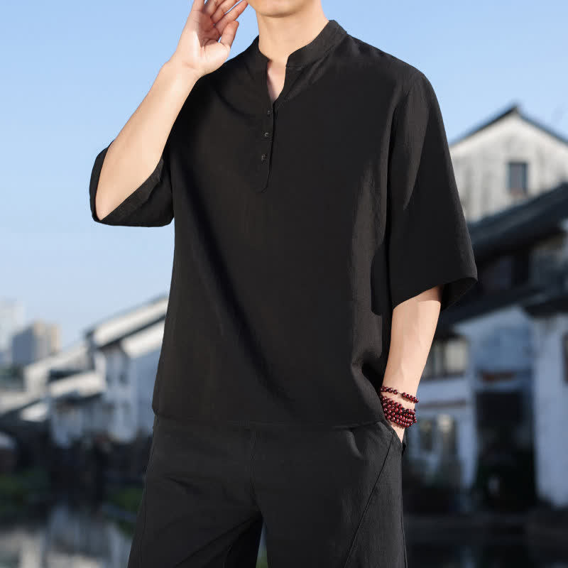 Buddha Stones Camisas de manga tres botones con cuello mandarín para hombre, ideales para el verano. - image 11
