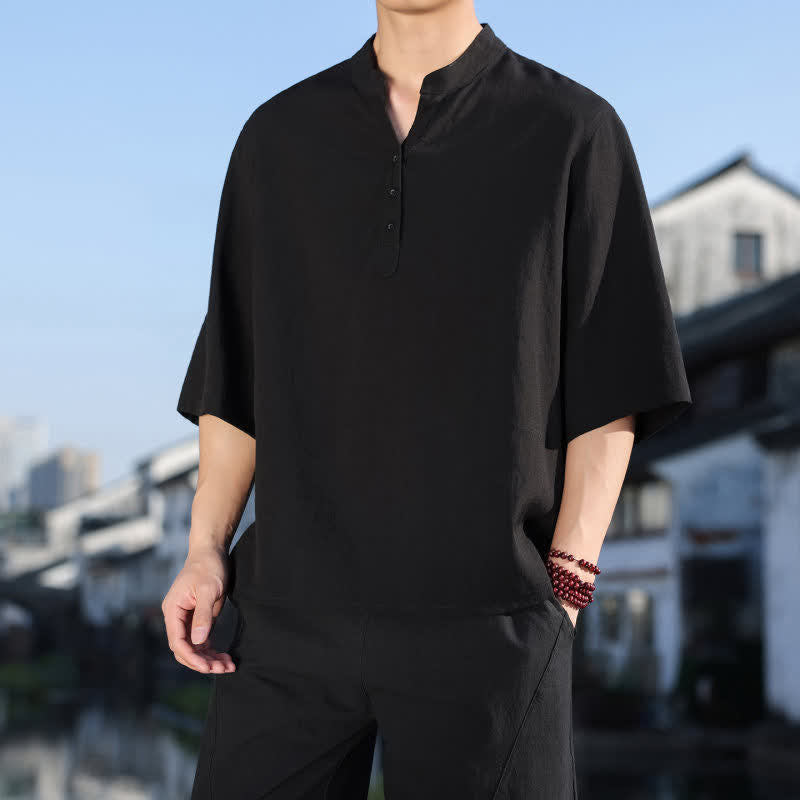 Buddha Stones Camisas de manga tres botones con cuello mandarín para hombre, ideales para el verano. - image 13