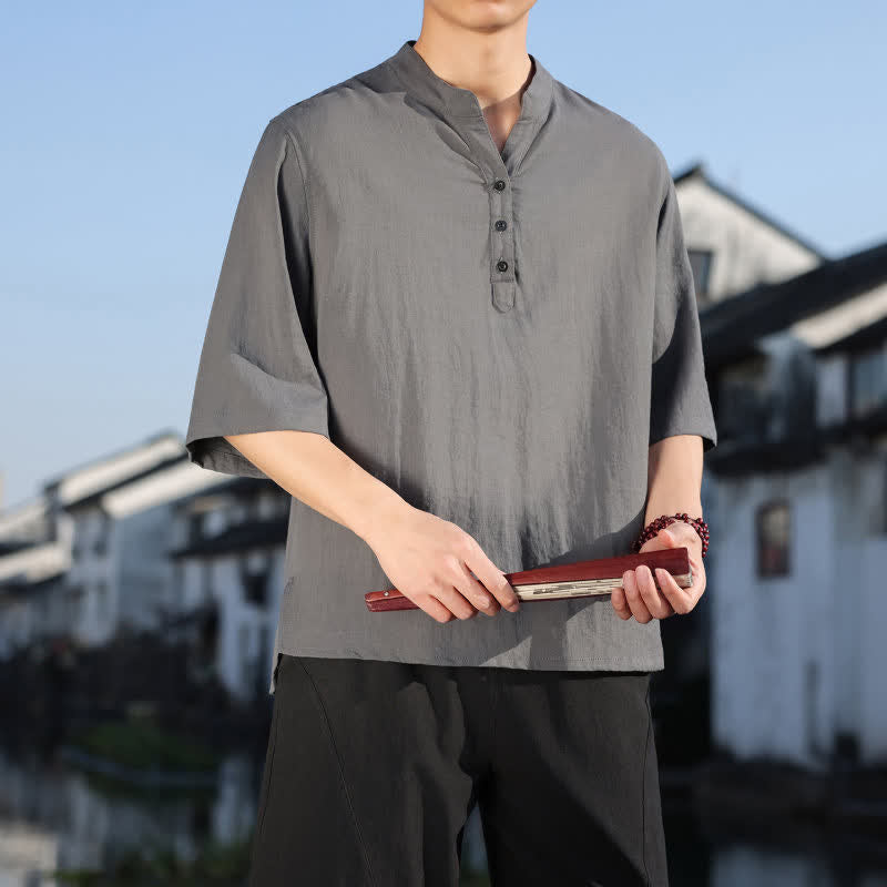 Buddha Stones Camisas de manga tres botones con cuello mandarín para hombre, ideales para el verano. - image 18