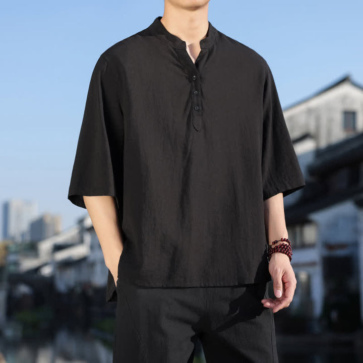 Buddha Stones Camisas de manga tres botones con cuello mandarín para hombre, ideales para el verano. - image 12