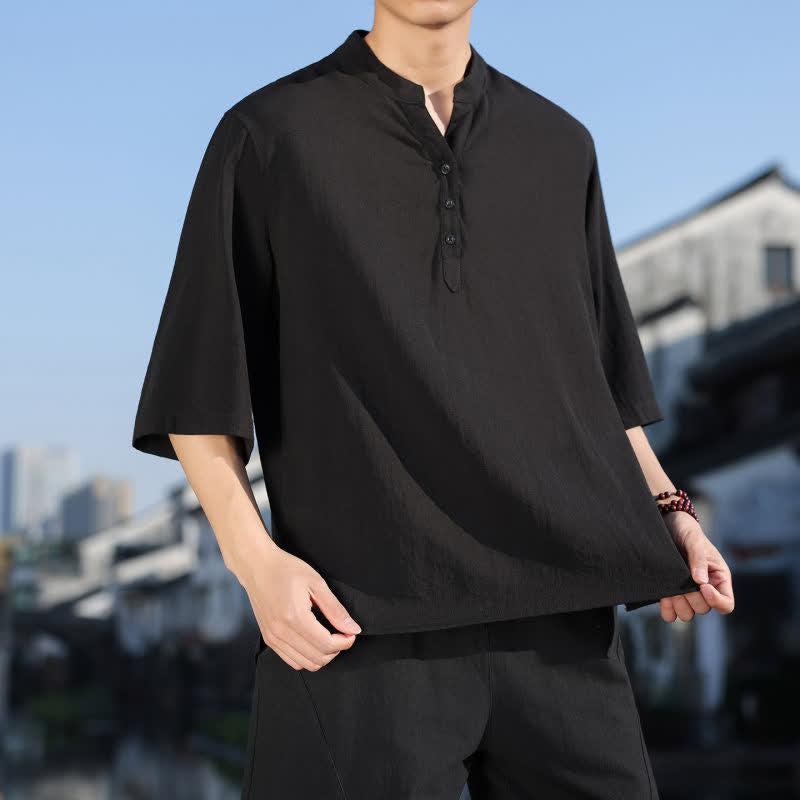 Buddha Stones Camisas de manga tres botones con cuello mandarín para hombre, ideales para el verano. - image 14