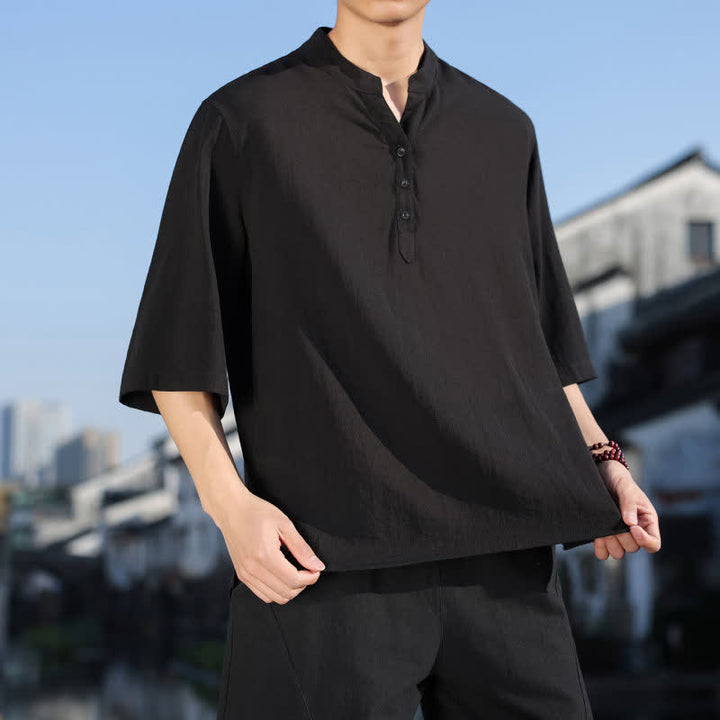 Buddha Stones Camisas de manga tres botones con cuello mandarín para hombre, ideales para el verano. - image 14
