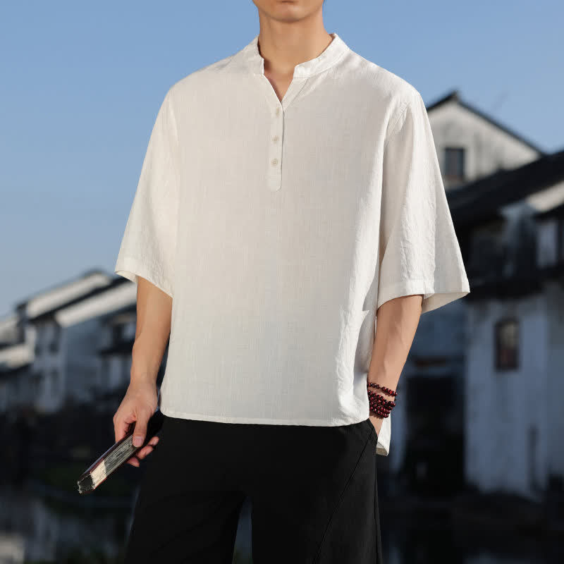 Buddha Stones Camisas de manga tres botones con cuello mandarín para hombre, ideales para el verano. - image 6